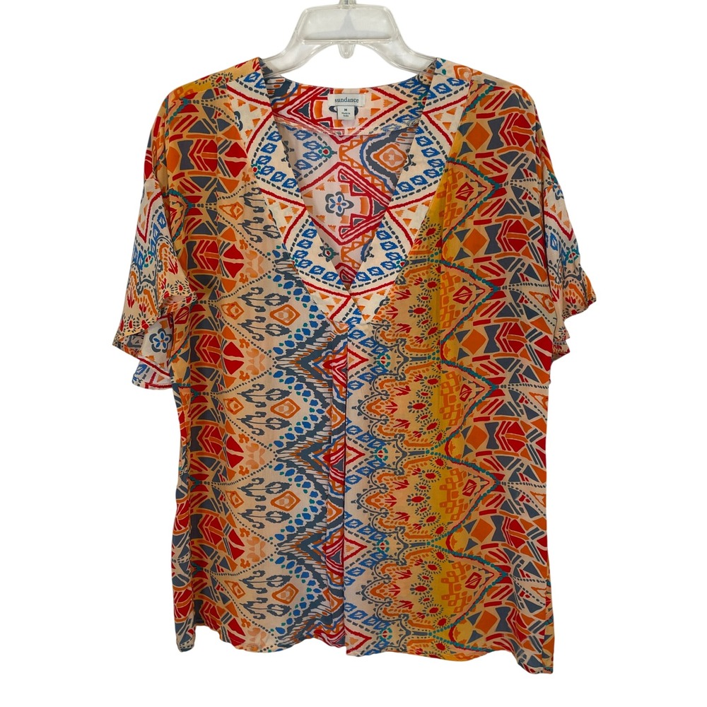 Sundance Boho Tribal Top‎ Flutter Sleeve Vneck Colorful Orange Turquoise Red M